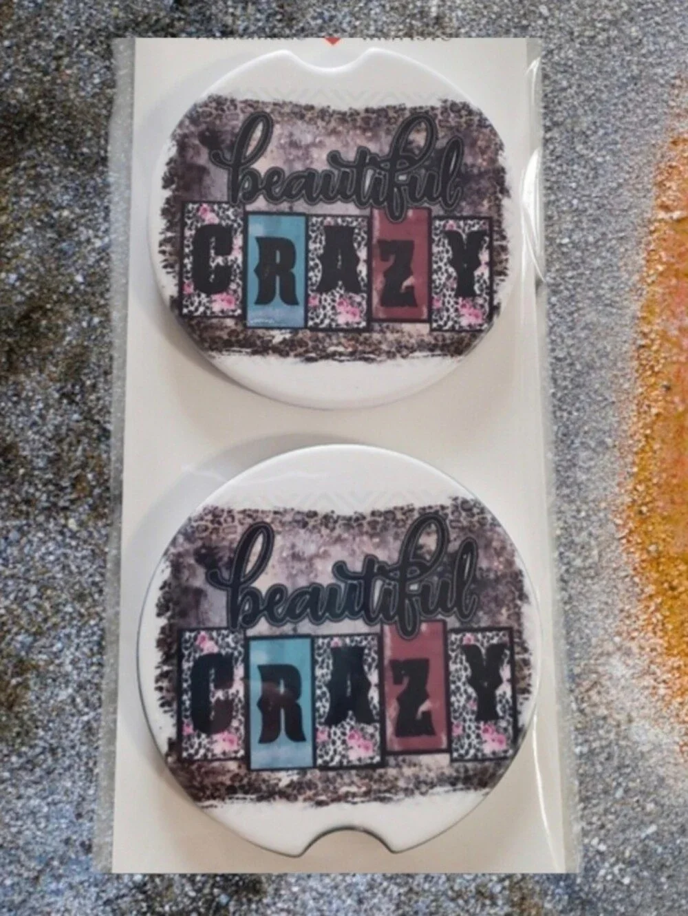 beautiful CRAZY Set Of 2 Ceramic Car Coasters